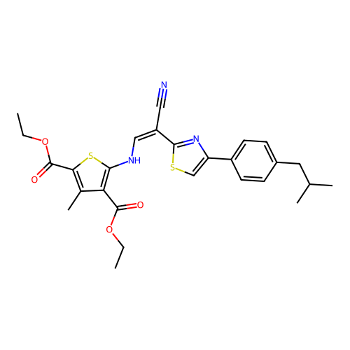(Z)-diethyl 5-((2-cyano-2-(4-(4-isobutylphenyl)thiazol-2-yl)vinyl)amino)-3-methylthiophene-2,4-dicarboxylate structure