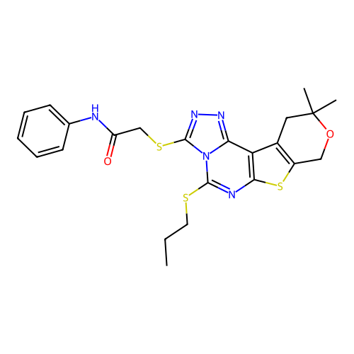 2-{[10,10-dimethyl-5-(propylsulfanyl)-10,11-dihydro-8H-pyrano[4',3':4,5]thieno[3,2-e][1,2,4]triazolo[4,3-c]pyrimidin-3-yl]sulfanyl}-N-phenylacetamide structure