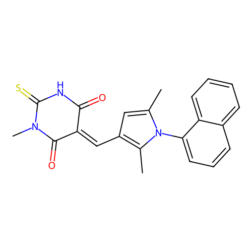 (5E)-5-{[2,5-dimethyl-1-(naphthalen-1-yl)-1H-pyrrol-3-yl]methylidene}-1-methyl-2-thioxodihydropyrimidine-4,6(1H,5H)-dione structure