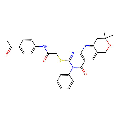 N-(4-acetylphenyl)-2-((8,8-dimethyl-4-oxo-3-phenyl-4,6,8,9-tetrahydro-3H-pyrano[3',4':5,6]pyrido[2,3-d]pyrimidin-2-yl)thio)acetamide structure