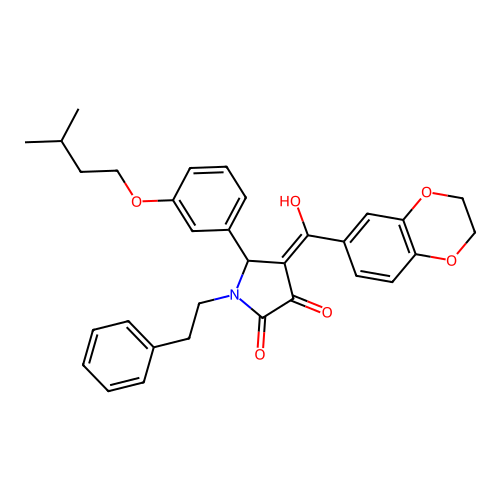 (4E)-4-[2,3-dihydro-1,4-benzodioxin-6-yl(hydroxy)methylidene]-5-[3-(3-methylbutoxy)phenyl]-1-(2-phenylethyl)pyrrolidine-2,3-dione structure