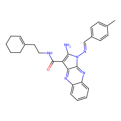 (E)-2-amino-N-(2-(cyclohex-1-en-1-yl)ethyl)-1-((4-methylbenzylidene)amino)-1H-pyrrolo[2,3-b]quinoxaline-3-carboxamide structure