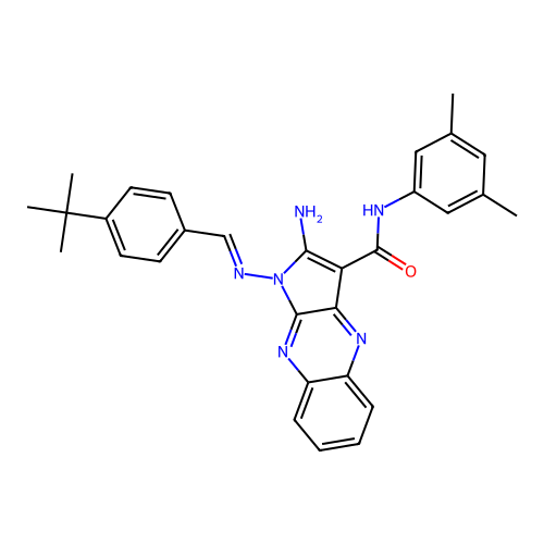 (E)-2-amino-1-((4-(tert-butyl)benzylidene)amino)-N-(3,5-dimethylphenyl)-1H-pyrrolo[2,3-b]quinoxaline-3-carboxamide structure