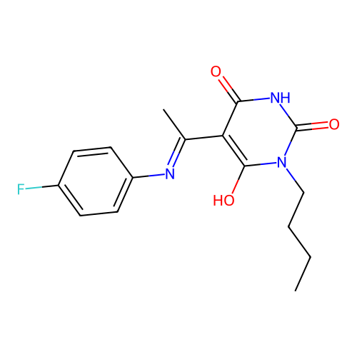 (Z)-1-butyl-5-(1-((4-fluorophenyl)amino)ethylidene)pyrimidine-2,4,6(1H,3H,5H)-trione structure