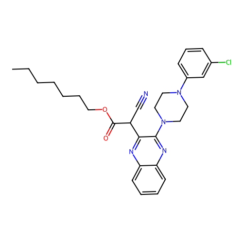 Heptyl {3-[4-(3-chlorophenyl)piperazin-1-yl]quinoxalin-2-yl}(cyano)acetate structure