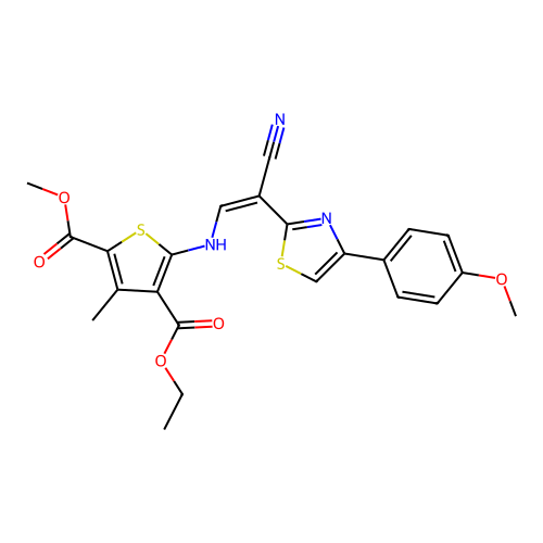 (Z)-4-ethyl 2-methyl 5-((2-cyano-2-(4-(4-methoxyphenyl)thiazol-2-yl)vinyl)amino)-3-methylthiophene-2,4-dicarboxylate structure