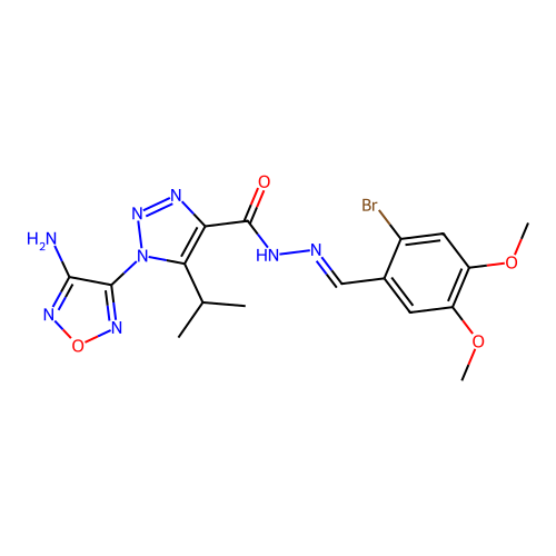 (E)-1-(4-amino-1,2,5-oxadiazol-3-yl)-N'-(2-bromo-4,5-dimethoxybenzylidene)-5-isopropyl-1H-1,2,3-triazole-4-carbohydrazide structure