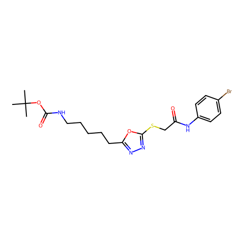 tert-butyl (5-(5-((2-((4-bromophenyl)amino)-2-oxoethyl)thio)-1,3,4-oxadiazol-2-yl)pentyl)carbamate structure