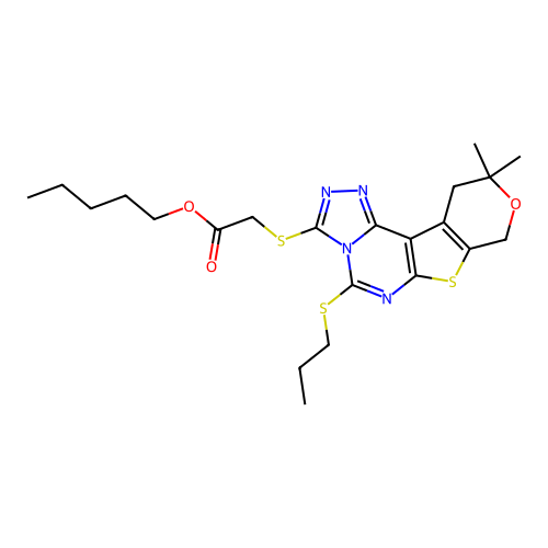 pentyl {[10,10-dimethyl-5-(propylsulfanyl)-10,11-dihydro-8H-pyrano[4',3':4,5]thieno[3,2-e][1,2,4]triazolo[4,3-c]pyrimidin-3-yl]sulfanyl}acetate structure
