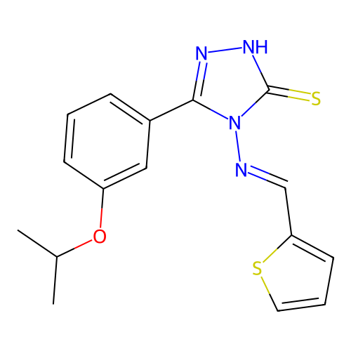(E)-5-(3-isopropoxyphenyl)-4-((thiophen-2-ylmethylene)amino)-4H-1,2,4-triazole-3-thiol structure
