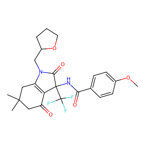 N-[6,6-dimethyl-2,4-dioxo-1-(tetrahydrofuran-2-ylmethyl)-3-(trifluoromethyl)-2,3,4,5,6,7-hexahydro-1H-indol-3-yl]-4-methoxybenzamide structure