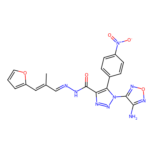(E)-1-(4-amino-1,2,5-oxadiazol-3-yl)-N'-((E)-3-(furan-2-yl)-2-methylallylidene)-5-(4-nitrophenyl)-1H-1,2,3-triazole-4-carbohydrazide structure