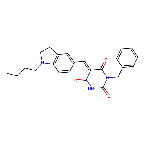 (5E)-1-benzyl-5-[(1-butyl-2,3-dihydroindol-5-yl)methylidene]-1,3-diazinane-2,4,6-trione structure