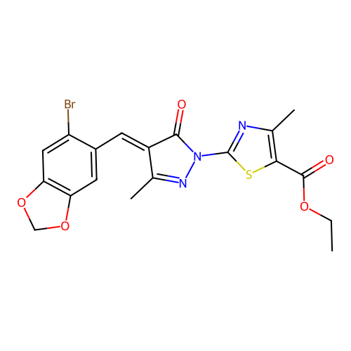 (E)-ethyl 2-(4-((6-bromobenzo[d][1,3]dioxol-5-yl)methylene)-3-methyl-5-oxo-4,5-dihydro-1H-pyrazol-1-yl)-4-methylthiazole-5-carboxylate structure