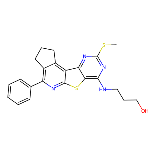 3-((9-(methylthio)-4-phenyl-2,3-dihydro-1H-cyclopenta[4',5']pyrido[3',2':4,5]thieno[3,2-d]pyrimidin-7-yl)amino)propan-1-ol structure
