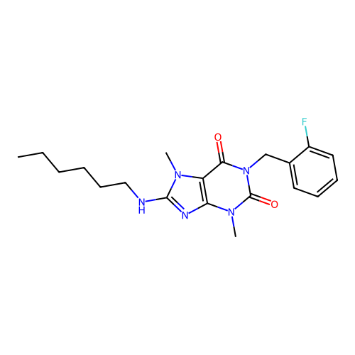 1-(2-fluorobenzyl)-8-(hexylamino)-3,7-dimethyl-3,7-dihydro-1H-purine-2,6-dione structure