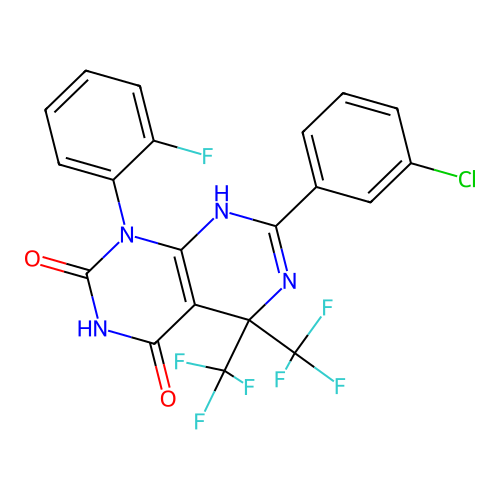 7-(3-chlorophenyl)-1-(2-fluorophenyl)-5,5-bis(trifluoromethyl)-5,8-dihydropyrimido[4,5-d]pyrimidine-2,4(1H,3H)-dione structure