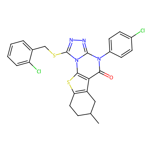 1-((2-chlorobenzyl)thio)-4-(4-chlorophenyl)-7-methyl-6,7,8,9-tetrahydrobenzo[4,5]thieno[3,2-e][1,2,4]triazolo[4,3-a]pyrimidin-5(4H)-one structure