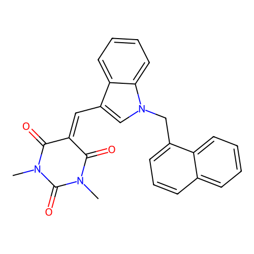 1,3-dimethyl-5-{[1-(naphthalen-1-ylmethyl)-1H-indol-3-yl]methylidene}pyrimidine-2,4,6(1H,3H,5H)-trione structure