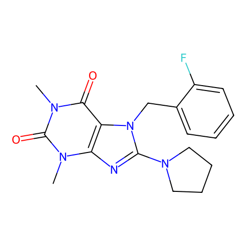 7-[(2-fluorophenyl)methyl]-1,3-dimethyl-8-pyrrolidin-1-ylpurine-2,6-dione structure