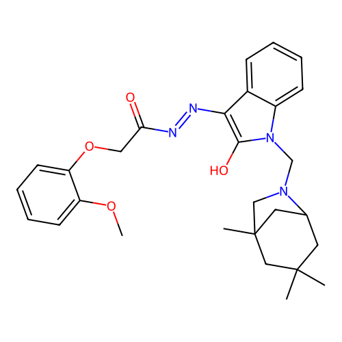 (Z)-2-(2-methoxyphenoxy)-N'-(2-oxo-1-((1,3,3-trimethyl-6-azabicyclo[3.2.1]octan-6-yl)methyl)indolin-3-ylidene)acetohydrazide structure