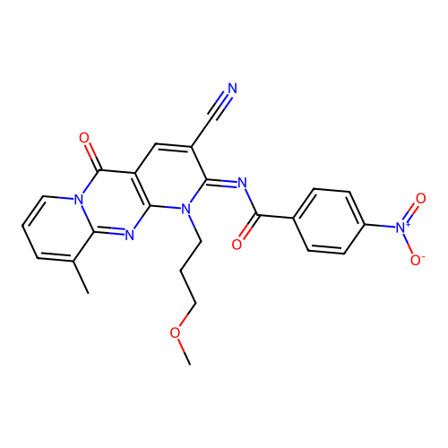 (E)-N-(3-cyano-1-(3-methoxypropyl)-10-methyl-5-oxo-1H-dipyrido[1,2-a:2',3'-d]pyrimidin-2(5H)-ylidene)-4-nitrobenzamide structure
