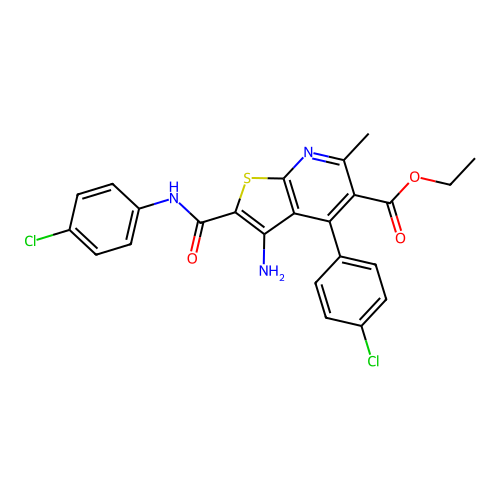 ethyl 3-amino-4-(4-chlorophenyl)-2-[(4-chlorophenyl)carbamoyl]-6-methylthieno[2,3-b]pyridine-5-carboxylate structure