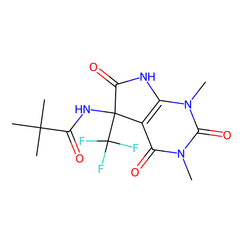 N-(1,3-dimethyl-2,4,6-trioxo-5-(trifluoromethyl)-2,3,4,5,6,7-hexahydro-1H-pyrrolo[2,3-d]pyrimidin-5-yl)pivalamide structure