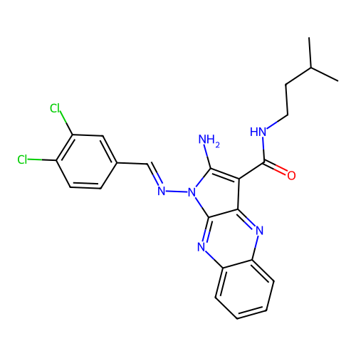 (E)-2-amino-1-((3,4-dichlorobenzylidene)amino)-N-isopentyl-1H-pyrrolo[2,3-b]quinoxaline-3-carboxamide structure