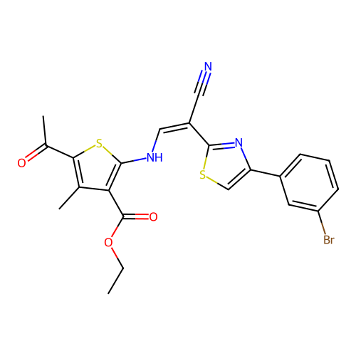 (Z)-ethyl 5-acetyl-2-((2-(4-(3-bromophenyl)thiazol-2-yl)-2-cyanovinyl)amino)-4-methylthiophene-3-carboxylate structure