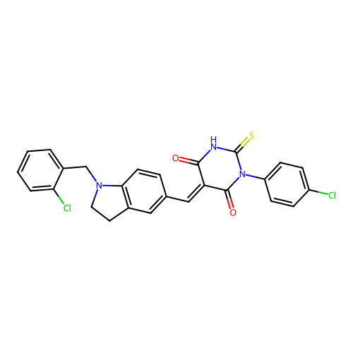 (5E)-1-(4-chlorophenyl)-5-[[1-[(2-chlorophenyl)methyl]-2,3-dihydroindol-5-yl]methylidene]-2-sulfanylidene-1,3-diazinane-4,6-dione structure