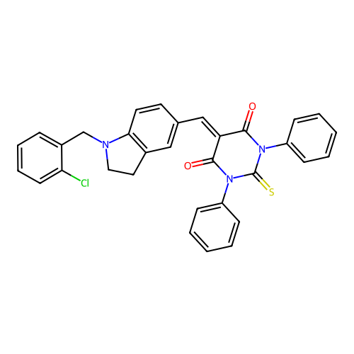 5-((1-(2-chlorobenzyl)indolin-5-yl)methylene)-1,3-diphenyl-2-thioxodihydropyrimidine-4,6(1H,5H)-dione structure