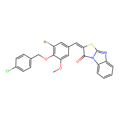 (E)-2-(3-bromo-4-((4-chlorobenzyl)oxy)-5-methoxybenzylidene)benzo[4,5]imidazo[2,1-b]thiazol-3(2H)-one structure