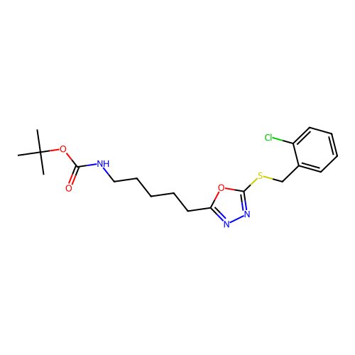 tert-butyl (5-(5-((2-chlorobenzyl)thio)-1,3,4-oxadiazol-2-yl)pentyl)carbamate structure