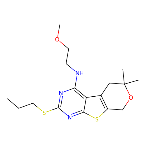 N-(2-methoxyethyl)-6,6-dimethyl-2-(propylsulfanyl)-5,8-dihydro-6H-pyrano[4',3':4,5]thieno[2,3-d]pyrimidin-4-amine structure