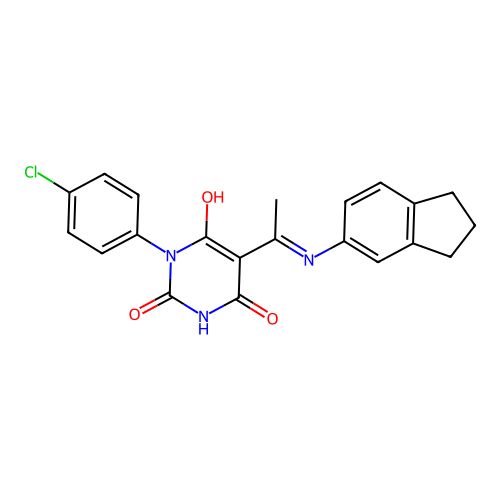 (E)-1-(4-chlorophenyl)-5-(1-((2,3-dihydro-1H-inden-5-yl)amino)ethylidene)pyrimidine-2,4,6(1H,3H,5H)-trione structure