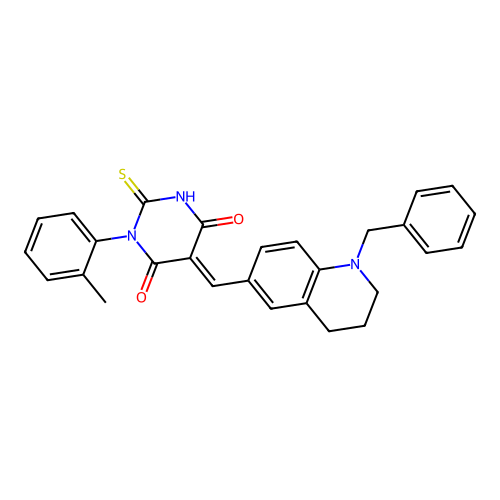 (5E)-5-[(1-benzyl-1,2,3,4-tetrahydroquinolin-6-yl)methylidene]-1-(2-methylphenyl)-2-thioxodihydropyrimidine-4,6(1H,5H)-dione structure