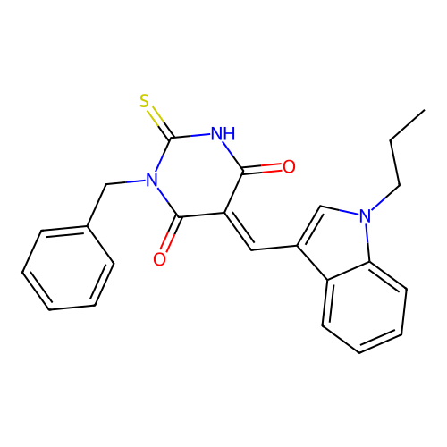 (5E)-1-benzyl-5-[(1-propylindol-3-yl)methylidene]-2-sulfanylidene-1,3-diazinane-4,6-dione structure