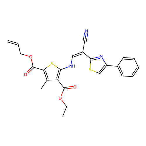 (Z)-2-allyl 4-ethyl 5-((2-cyano-2-(4-phenylthiazol-2-yl)vinyl)amino)-3-methylthiophene-2,4-dicarboxylate structure