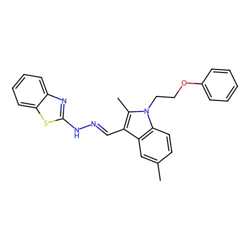 N-[[2,5-dimethyl-1-(2-phenoxyethyl)indol-3-yl]methylideneamino]benzothiazol-2-amine structure