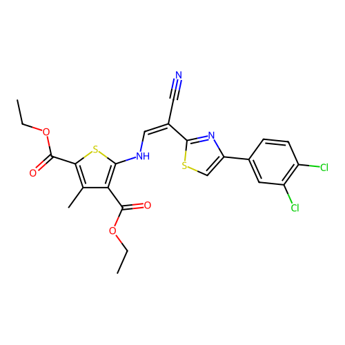 (Z)-diethyl 5-((2-cyano-2-(4-(3,4-dichlorophenyl)thiazol-2-yl)vinyl)amino)-3-methylthiophene-2,4-dicarboxylate structure