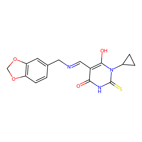 (5E)-5-[(1,3-benzodioxol-5-ylmethylamino)methylidene]-1-cyclopropyl-2-sulfanylidene-1,3-diazinane-4,6-dione structure
