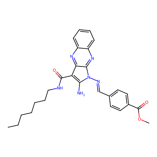 (E)-methyl 4-(((2-amino-3-(heptylcarbamoyl)-1H-pyrrolo[2,3-b]quinoxalin-1-yl)imino)methyl)benzoate structure
