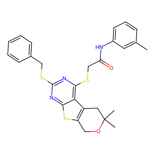 2-((2-(benzylthio)-6,6-dimethyl-6,8-dihydro-5H-pyrano[4',3':4,5]thieno[2,3-d]pyrimidin-4-yl)thio)-N-(m-tolyl)acetamide structure