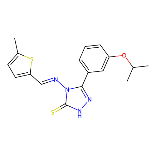 (E)-5-(3-isopropoxyphenyl)-4-(((5-methylthiophen-2-yl)methylene)amino)-4H-1,2,4-triazole-3-thiol structure