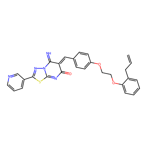 (6Z)-5-imino-6-(4-{2-[2-(prop-2-en-1-yl)phenoxy]ethoxy}benzylidene)-2-(pyridin-3-yl)-5,6-dihydro-7H-[1,3,4]thiadiazolo[3,2-a]pyrimidin-7-one structure