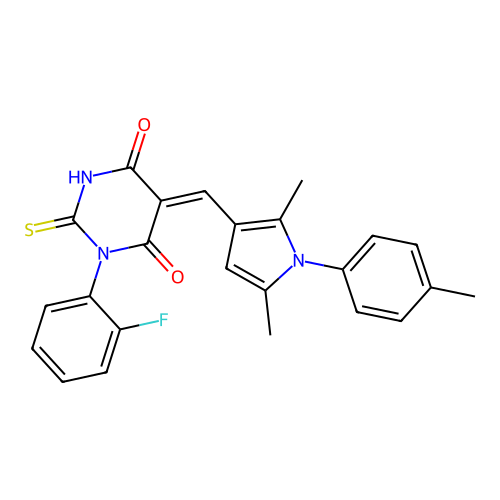 (5Z)-5-[[2,5-dimethyl-1-(4-methylphenyl)pyrrol-3-yl]methylidene]-1-(2-fluorophenyl)-2-sulfanylidene-1,3-diazinane-4,6-dione structure