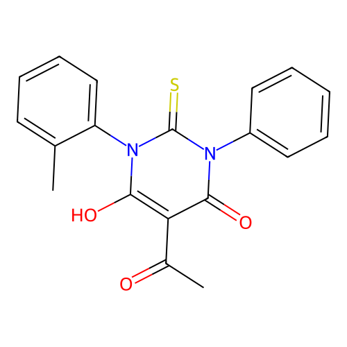 5-acetyl-6-hydroxy-1-(2-methylphenyl)-3-phenyl-2-sulfanylidene-pyrimidin-4-one structure