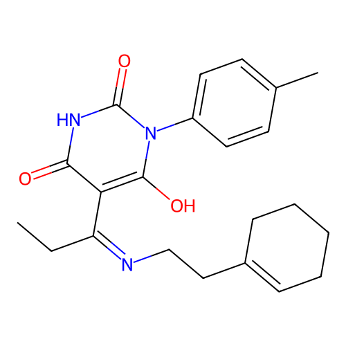 (5E)-5-(1-{[2-(cyclohex-1-en-1-yl)ethyl]amino}propylidene)-6-hydroxy-3-(4-methylphenyl)pyrimidine-2,4(3H,5H)-dione structure