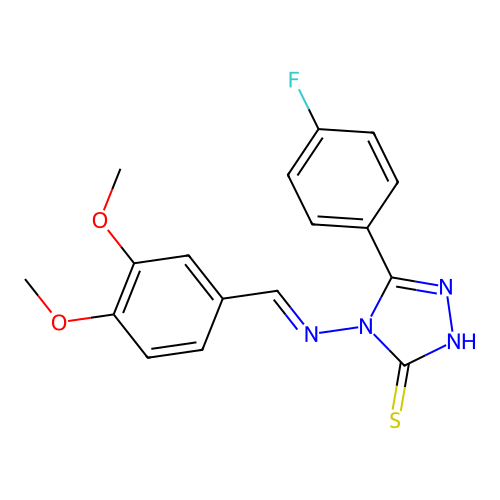 (E)-4-((3,4-dimethoxybenzylidene)amino)-5-(4-fluorophenyl)-4H-1,2,4-triazole-3-thiol structure